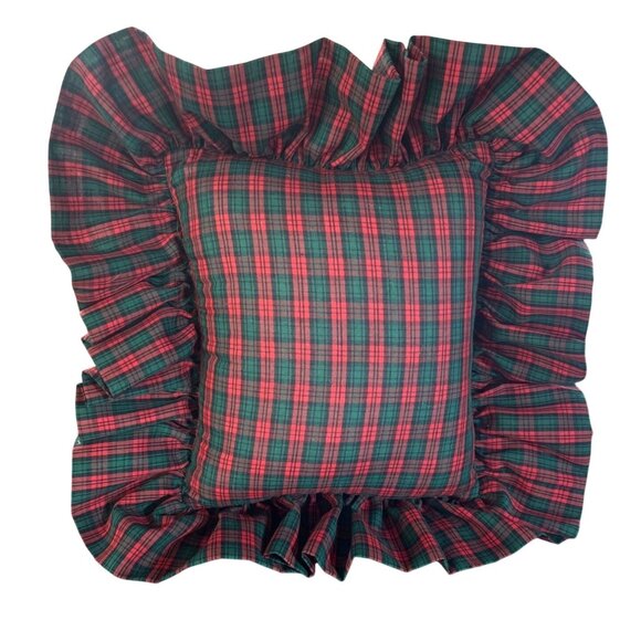 Vtg Plaid Ruffled Pillow With Embroidered "Merry Christmas" Design Festive Green - Picture 3 of 4